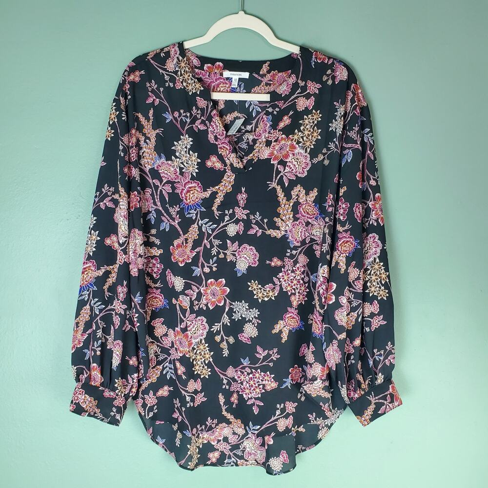 Maurices Womens Black Multicolor Floral Print V-Neck Long Sleeve Blouse Size XXL